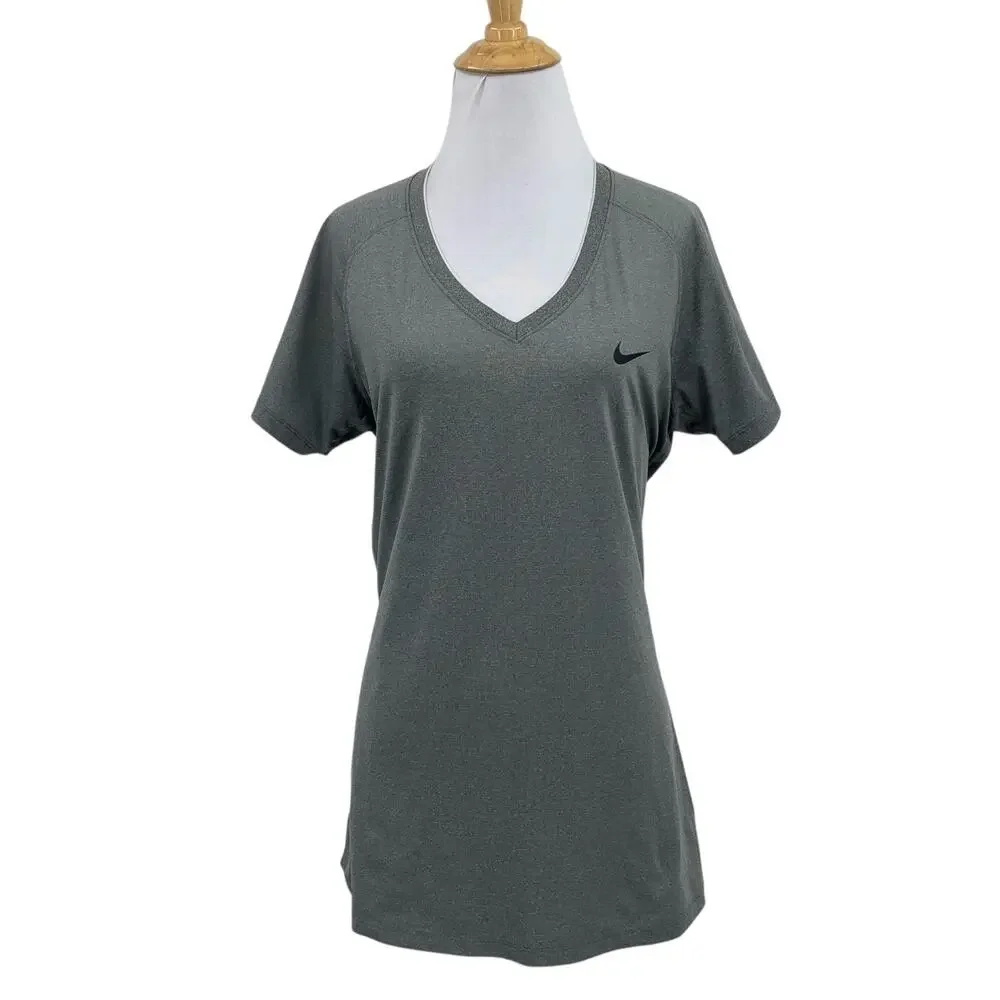 Nike Pro Shirt Womens XL Extra Large Gray Dri Fit V Neck Short Sleeve Training